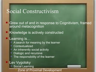 Social Constructivism
 Grew out of and in response to Cognitivism, framed
around metacognition
 Knowledge is actively constructed
 Learning is…
 A search for meaning by the learner
 Contextualized
 An inherently social activity
 Dialogic and recursive
 The responsibility of the learner
 Lev Vygotsky
 Social Learning
 Zone of Proximal Development
 
