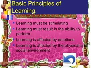 Basic Principles of
Learning:
 Learning must be stimulating
 Learning must result in the ability to
perform
 Learning is affected by emotions
 Learning is affected by the physical and
social environment
 