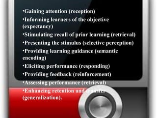 •Gaining attention (reception)
•Informing learners of the objective
(expectancy)
•Stimulating recall of prior learning (retrieval)
•Presenting the stimulus (selective perception)
•Providing learning guidance (semantic
encoding)
•Eliciting performance (responding)
•Providing feedback (reinforcement)
•Assessing performance (retrieval)
•Enhancing retention and transfer
(generalization).
 