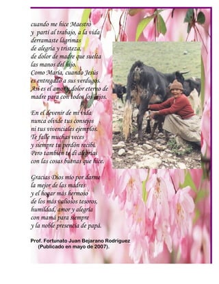 cuando me hice Maestro
y partí al trabajo, a la vida
derramaste lágrimas
de alegría y tristeza,
de dolor de madre que suelta
las manos del hijo.
Como María, cuando Jesús
es entregado a sus verdugos.
Así es el amor y dolor eterno de
madre para con todos los hijos.
En el devenir de mi vida
nunca olvide tus consejos
ni tus vivenciales ejemplos.
Te falle muchas veces
y siempre tu perdón recibí.
Pero también te di alegrías
con las cosas buenas que hice.
Gracias Dios mío por darme
la mejor de las madres
y el hogar más hermoso
de los más valiosos tesoros,
humildad, amor y alegría
con mamá para siempre
y la noble presencia de papá.
Prof. Fortunato Juan Bejarano Rodríguez
(Publicado en mayo de 2007).
 