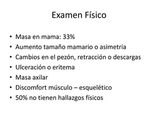 Examen FísicoMasa en mama: 33%Aumento tamaño mamario o asimetríaCambios en el pezón, retracción o descargasUlceración o eritemaMasa axilarDiscomfort músculo – esquelético50% no tienen hallazgos físicos