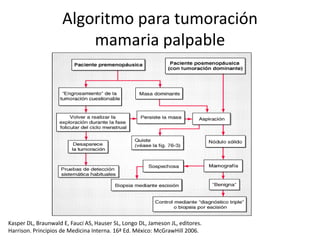 Algoritmo para tumoraciónmamaria palpable Kasper DL, Braunwald E, Fauci AS, Hauser SL, Longo DL, Jameson JL, editores. Harrison. Principios de Medicina Interna. 16ª Ed. México: McGrawHill 2006.