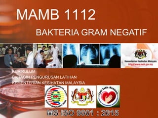 MAMB 1112
KURIKULUM
BAHAGIN PENGURUSAN LATIHAN
KEMENTERIAN KESIHATAN MALAYSIA
BAKTERIA GRAM NEGATIF
 