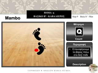 C O P Y R I G H T ® A P O L L O N D A N C E S T U D I O
BHMA 9
ΒΑΣΙΚΟ B’ - ΚΑΒΑΛΙΕΡΟΣ
Mambo Step 9 Basic b’ - Man
Μέτρημα
Count
Q
Περιγραφή
Description
• Επαναφέρουμε
το βάρος πίσω
στο δεξί πόδι
 