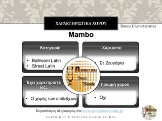 ΧΑΡΑΚΤΗΡΙΣΤΙΚΑ ΧΟΡΟΥ
C O P Y R I G H T ® A P O L L O N D A N C E S T U D I O
Dance Characteristics
Mambo
• Ballroom Latin
• Street Latin
Κατηγορία
Έχει χαρκτηριστει
ως..
Χορεύεται
Γραμμή χορού
Περισσότερες πληροφορίες στο www.apollondancestudio.gr
• Σε Ζευγάρια
• Όχι• Ο χορός των επιδείξεων
 