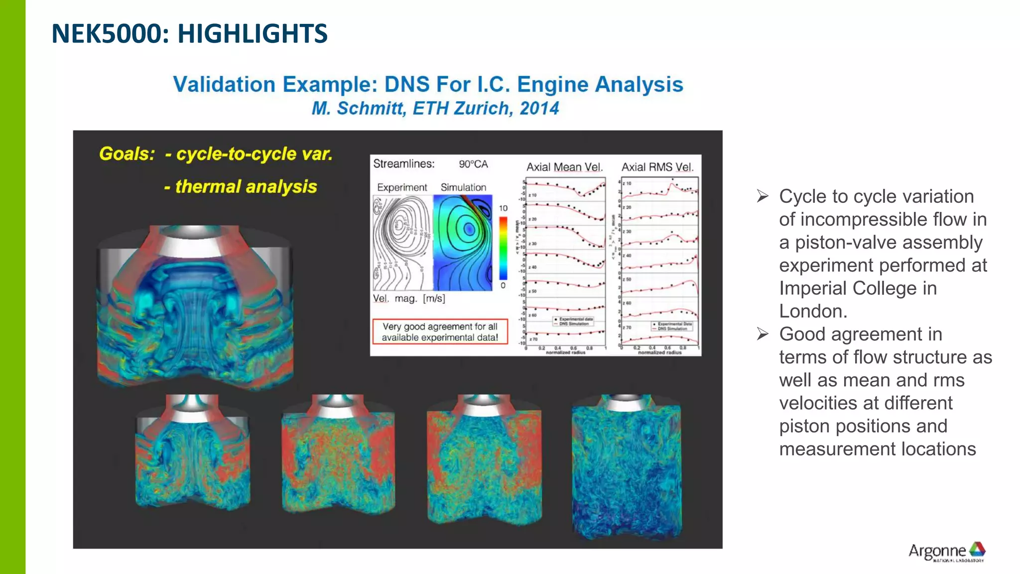 NEK5000: HIGHLIGHTS
➢ Cycle to cycle variation
of incompressible flow in
a piston-valve assembly
experiment performed at
Imperial College in
London.
➢ Good agreement in
terms of flow structure as
well as mean and rms
velocities at different
piston positions and
measurement locations
 