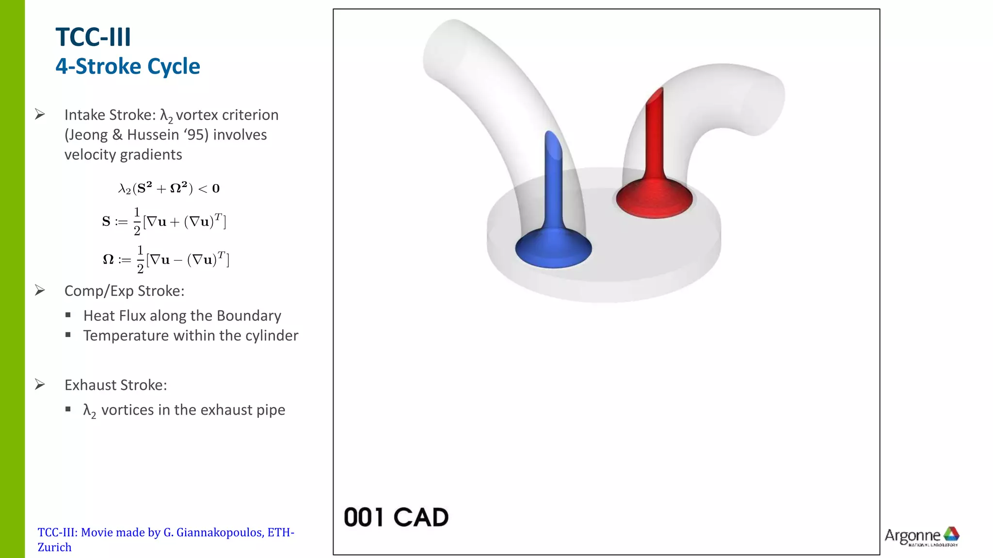 ➢ Intake Stroke: λ2 vortex criterion
(Jeong & Hussein ‘95) involves
velocity gradients
➢ Comp/Exp Stroke:
▪ Heat Flux along the Boundary
▪ Temperature within the cylinder
➢ Exhaust Stroke:
▪ λ2 vortices in the exhaust pipe
TCC-III
4-Stroke Cycle
TCC-III: Movie made by G. Giannakopoulos, ETH-
Zurich
 