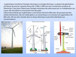 Le générateur transforme l’énergie mécanique en énergie électrique. La plupart des générateurs
ont besoin de tourner à grande vitesse (de 1 000 à 2 000 tours par minute) pour produire de
l’électricité. Il faut donc d’abord que l’énergie mécanique des pales passe par un multiplicateur qui
a pour rôle d’accélérer le mouvement lent des pales.
L’électricité produite par le générateur a une tension d’environ 690 volts. Ne pouvant pas être
utilisée directement, elle est traitée grâce à un convertisseur, et sa tension est augmentée à 20
000 volts. Elle est alors injectée dans le réseau électrique et peut être distribuée aux
consommateurs.
 