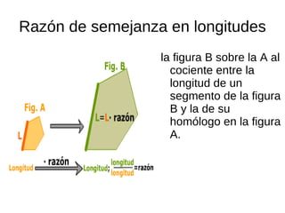Razón de semejanza en longitudes
                  la figura B sobre la A al
                    cociente entre la
                    longitud de un
                    segmento de la figura
                    B y la de su
                    homólogo en la figura
                    A.
 