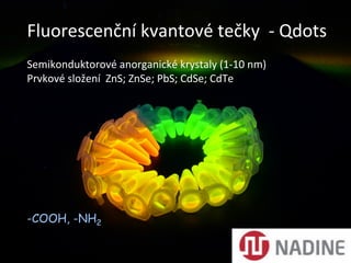 Fluorescenční	
  kvantové	
  tečky	
  	
  -­‐	
  Qdots	
  
Semikonduktorové	
  anorganické	
  krystaly	
  (1-­‐10	
  nm)	
  
Prvkové	
  složení	
  	
  ZnS;	
  ZnSe;	
  PbS;	
  CdSe;	
  CdTe	
  




-COOH, -NH2
 
