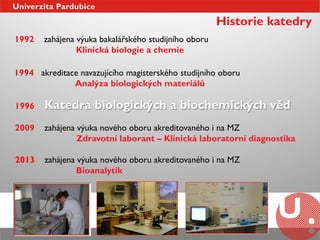 Historie katedry
1992   zahájena výuka bakalářského studijního oboru
                Klinická biologie a chemie

1994 akreditace navazujícího magisterského studijního oboru
              Analýza biologických materiálů

1996   Katedra biologických a biochemických věd
2009   zahájena výuka nového oboru akreditovaného i na MZ
                Zdravotní laborant – Klinická laboratorní diagnostika

2013   zahájena výuka nového oboru akreditovaného i na MZ
                Bioanalytik
 