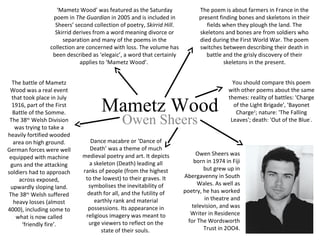 Mametz Wood
Owen Sheers
Owen Sheers was
born in 1974 in Fiji
but grew up in
Abergavenny in South
Wales. As well as
poetry, he has worked
in theatre and
television, and was
Writer in Residence
for The Wordsworth
Trust in 2OO4.
The poem is about farmers in France in the
present finding bones and skeletons in their
fields when they plough the land. The
skeletons and bones are from soldiers who
died during the First World War. The poem
switches between describing their death in
battle and the grisly discovery of their
skeletons in the present.
‘Mametz Wood’ was featured as the Saturday
poem in The Guardian in 2005 and is included in
Sheers’ second collection of poetry, Skirrid Hill.
Skirrid derives from a word meaning divorce or
separation and many of the poems in the
collection are concerned with loss. The volume has
been described as ‘elegaic’, a word that certainly
applies to ‘Mametz Wood’.
The battle of Mametz
Wood was a real event
that took place in July
1916, part of the First
Battle of the Somme.
The 38th
Welsh Division
was trying to take a
heavily fortified wooded
area on high ground.
German forces were well
equipped with machine
guns and the attacking
soldiers had to approach
across exposed,
upwardly sloping land.
The 38th
Welsh suffered
heavy losses (almost
4000), including some to
what is now called
‘friendly fire’.
Dance macabre or ‘Dance of
Death’ was a theme of much
medieval poetry and art. It depicts
a skeleton (Death) leading all
ranks of people (from the highest
to the lowest) to their graves. It
symbolises the inevitability of
death for all, and the futility of
earthly rank and material
possessions. Its appearance in
religious imagery was meant to
urge viewers to reflect on the
state of their souls.
You should compare this poem
with other poems about the same
themes: reality of battles: 'Charge
of the Light Brigade', 'Bayonet
Charge1
; nature: 'The Falling
Leaves'; death: 'Out of the Blue’
.
 