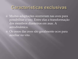 Características exclusivasMuitas adaptações ocorreram nas aves para possibilitar o vôo. Entre elas a transformação dos membros dianteiros em asas. A aerodinâmica.Os ossos das aves são geralmente ocos para auxiliar no vôo.