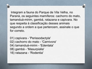 Integram a fauna do Parque de Vila Velha, no
Paraná, os seguintes mamíferos: cachorro do mato,
tamanduá-mirim, gambá, ratazana e capivara. No
que respeita à classificação desses animais
segundo a ordem a que pertencem, assinale o que
for correto.
01) capivara - 'Perissodactyla'
02) cachorro do mato - 'Carnivora'
04) tamanduá-mirim - 'Edentata'
08) gambá - 'Masurpialia'
16) ratazana - 'Rodentia'
 