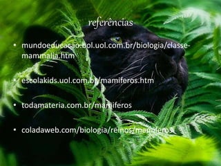 referências
• mundoeducacao.bol.uol.com.br/biologia/classe-
mammalia.htm
• escolakids.uol.com.br/mamiferos.htm
• todamateria.com.br/mamiferos
• coladaweb.com/biologia/reinos/mamiferos
 