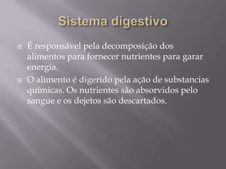 Sistema digestivoÉ responsável pela decomposição dos alimentos para fornecer nutrientes para garar energia.O alimento é digerido pela ação de substancias químicas. Os nutrientes são absorvidos pelo sangue e os dejetos são descartados.