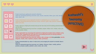 T
Foster receiving by getting the student's attention
Verbs for expressing learning outcomes: ask, choose, describe, follow, give, hold, identify,
reply, select, use.
Foster responding by encouraging the student in participating on a voluntary level
Verbs for expressing learning outcomes: assist, conform, greet, help, perform, present, read,
select, tell, write.
Foster valuing by helping the student discuss the new idea and formulating potential ways to
use the idea
Verbs for expressing learning outcomes: complete, explain, follow, form, initiate, invite, join,
justify, propose, share.
Foster organization by encourage the students by helping the student solve problems using
the new idea, integrating the new idea into a pre-existing structure for solving problems
(comparing, relating, and synthesizing values)
Verbs for expressing learning outcomes: adhere, alter, arrange, combine, generalize, identify,
integrate, modify, order, organize, prepare, relate, synthesize.
Foster characterization by value or value set by encouraging the student to transfer idea to
daily life
Verbs for expressing learning outcomes: act, display, influence, listen, modify, perform,
practice, propose, qualify, question, serve, solve, use, verify.
 