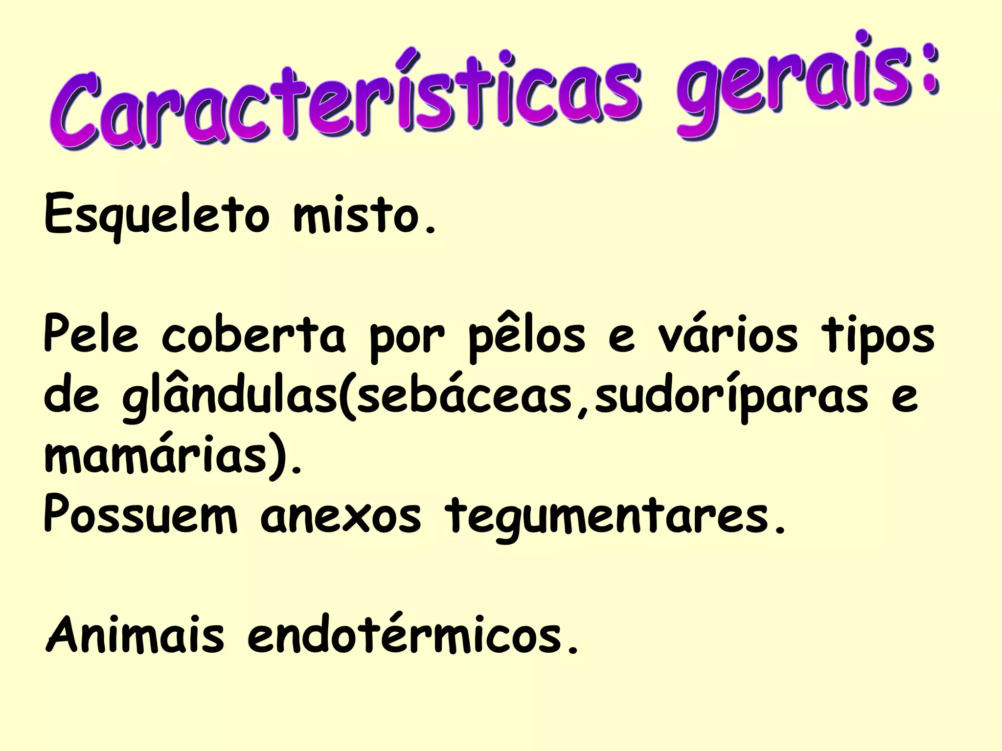 Esqueleto misto.

Pele coberta por pêlos e vários tipos
de glândulas(sebáceas,sudoríparas e
mamárias).
Possuem anexos tegumentares.

Animais endotérmicos.
 