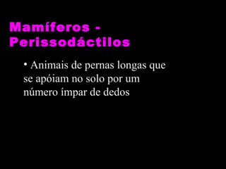 Mamíferos -
Perissodáctilos
 • Animais de pernas longas que
 se apóiam no solo por um
 número ímpar de dedos
 