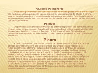 Alvéolos Pulmonares Os alvéolos pulmonares são os principais sítios de difusão gasosa entre o ar e o sangue dos mamíferos. A separação entre o ar e o sangue, ou seja, a distância de difusão é mínima, estando o epitélio alveolar e o endotélio capilar intimamente associados. Através da hematose o sangue venoso da artéria pulmonar torna-se sangue arterial e retorna ao átrio esquerdo através das veias pulmonares.Pulmões		Os pulmões são as principais estruturas do sistema respiratório. São estruturas pares e ocupam todo o espaço no tórax. Quando o tórax se expande em volume, os pulmões também se expandem, isso faz com que o ar flua para o interior dos pulmões. Os pulmões se movimentam sem qualquer atrito no interior do tórax devido a presença da pleura (membrana serosa lisa).Pleura		A pleura consiste de uma simples camada de células fundidas à superfície de umacamada de tecido conjuntivo. Ela envolve ambos os pulmões (pleura visceral) e sereflete dorsalmente, retornando pela parede interna do tórax e contribuindo para suacobertura (pleura parietal). O espaço entre as respectivas camadas de pleura visceral,quando elas ascendem para a parede dorsal é conhecido como espaço mediastino. Nointerior do espaço mediastino estão a veia cava, o ducto linfático torácico, o esôfago,aorta e traquéia. O espaço mediastino está intimamente associado ao espaço intrapleural(espaço entre a pleura visceral e parietal); assim as alterações de pressão no espaçointrapleural são acompanhadas por alterações similares no espaço mediastino. Damesma forma, as alterações de pressão no espaço mediastino são acompanhadas nointerior das estruturas mediastínicas, contanto que suas paredes sejam responsivas adistensibilidade em relação a baixa pressão.