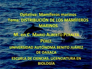 Optativa: Mamíferos marinos Tema: DISTRIBUCIÓN DE LOS MAMÍFEROS MARINOS M. en C. M ARIO  A LBERTO  P ERALTA  P ÉREZ. UNIVERSIDAD AUTÓNOMA BENITO JUÁREZ DE OAXACA ESCUELA DE CIENCIAS, LICENCIATURA EN BIOLOGÍA 