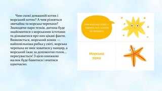 Чим схожі домашній котик і
морський котик? А чим різняться
звичайна та морська черепахи?
Знаходячи пари тезків, дитина буде
знайомитися з морськими істотами
та дізнаватися про них цікаві факти.
Виявляється, морський коник —
найповільніша рибка у світі, морська
черепаха не вміє ховатися у панцир, а
морський їжак за допомогою голок…
пересувається! З цією книжкою
малюк буде бавитися і вчитися
одночасно.
 