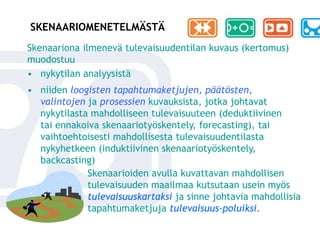 Real Time Delphi (or RT Delphi)It is “round-less” but cumulative and based on feedback a participant can determine how many rounds or times they revise or add responsesEvery time they come back to the on-line matrix, they can see new comments and ratings entered since they last signed on, and they can see their previous answers in relation to the others.  They then have the ability to change their responsesFuturists and Planners can use an RT Delphi to:Systemically collect, store, feedback, and rate the best thinking from a range of the best minds that are not easily assembled in a meeting  Define and weight criteria for important & controversial decisionsAdd and rate alternative decision optionsProvide logic and traceability to decision makingRT Delphi makes the approach asynchronous, and efficient