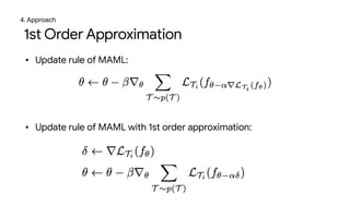 1st Order Approximation
• Update rule of MAML:

• Update rule of MAML with 1st order approximation:
4. Approach
 