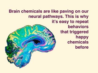 Brain chemicals are like paving on our
neural pathways. This is why
it’s easy to repeat
behaviors
that triggered
happy
che...