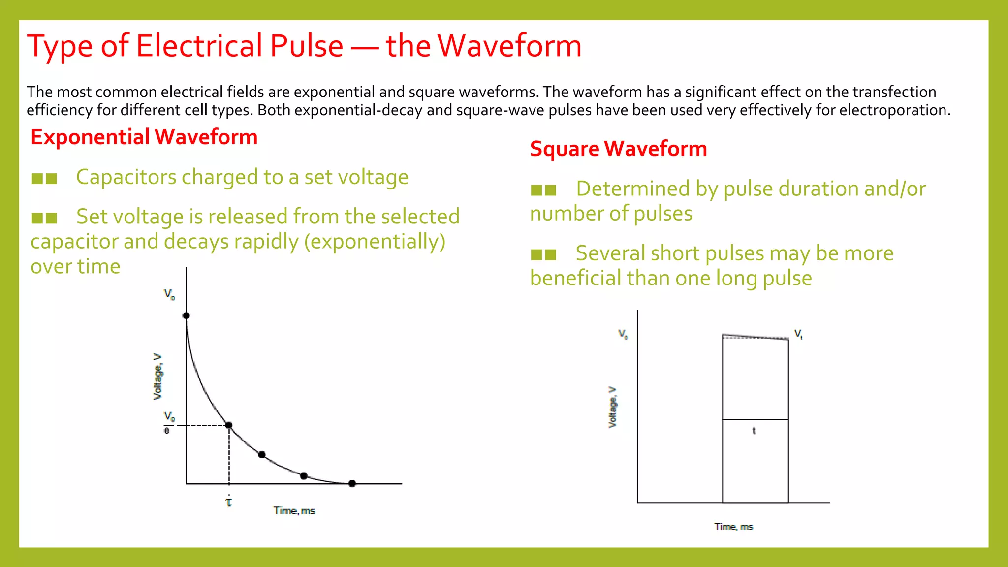 Type of Electrical Pulse — theWaveform
The most common electrical fields are exponential and square waveforms. The waveform has a significant effect on the transfection
efficiency for different cell types. Both exponential-decay and square-wave pulses have been used very effectively for electroporation.
Exponential Waveform
■■ Capacitors charged to a set voltage
■■ Set voltage is released from the selected
capacitor and decays rapidly (exponentially)
over time
Square Waveform
■■ Determined by pulse duration and/or
number of pulses
■■ Several short pulses may be more
beneficial than one long pulse
 