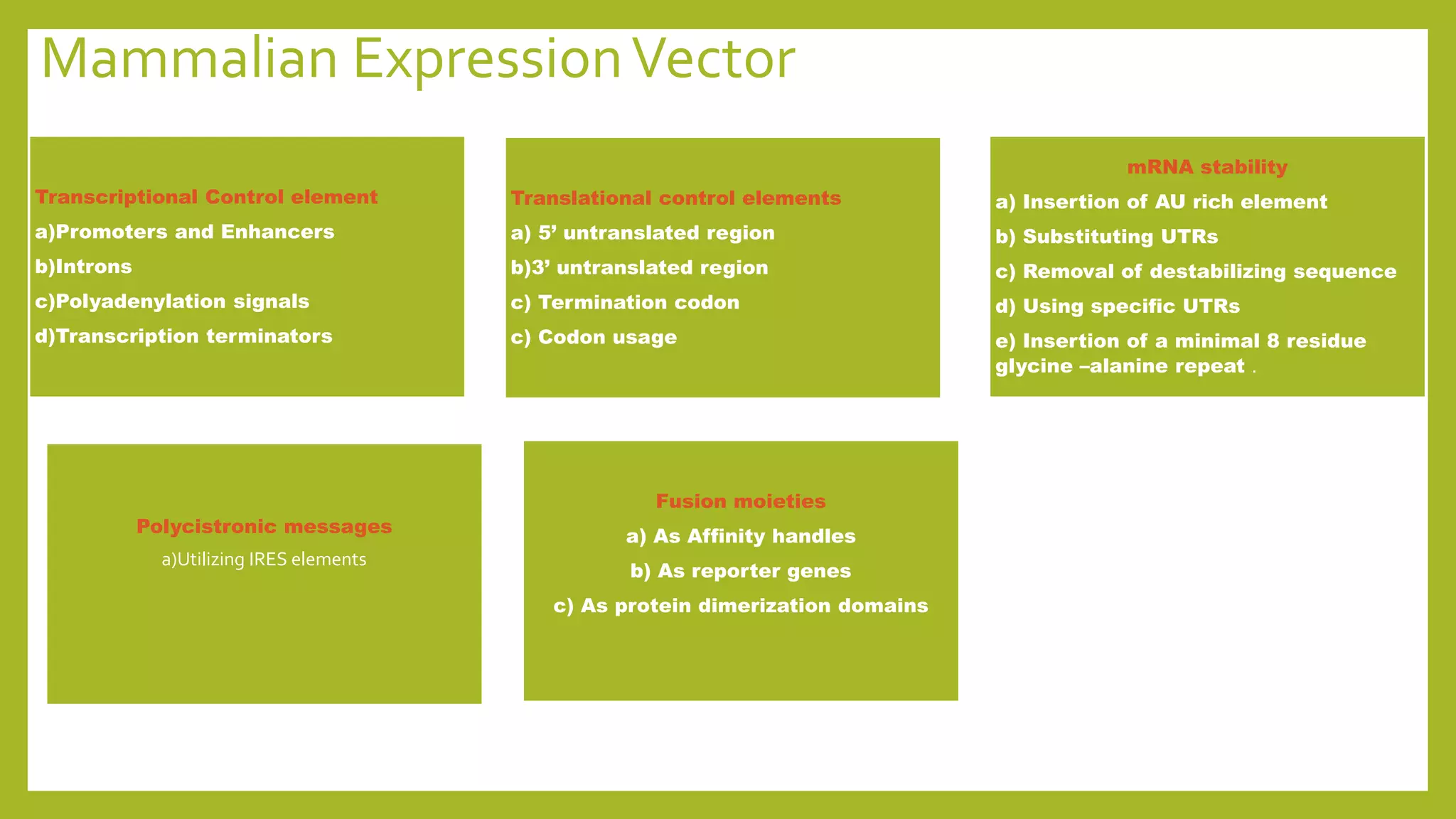 Mammalian ExpressionVector
Transcriptional Control element
a)Promoters and Enhancers
b)Introns
c)Polyadenylation signals
d)Transcription terminators
Polycistronic messages
a)Utilizing IRES elements
mRNA stability
a) Insertion of AU rich element
b) Substituting UTRs
c) Removal of destabilizing sequence
d) Using specific UTRs
e) Insertion of a minimal 8 residue
glycine –alanine repeat .
Fusion moieties
a) As Affinity handles
b) As reporter genes
c) As protein dimerization domains
Translational control elements
a) 5’ untranslated region
b)3’ untranslated region
c) Termination codon
c) Codon usage
 