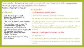 Transfection: Process of introducing nucleic acid into eukaryotic cells using various
chemical or physical methods (non-viral method)
Factors AffectingTransfection
Cell Health
• Cells should be grown with
appropriate medium with all
necessary factors.
• Cells must be free of contamination.
• Fresh medium must be used if it
contains chemically unstable
components, such as thiamine.
• Cells should be incubated at 37°Cwith
CO2 supplied at the correct
percentage(5-10%) and 100%
relative immunity.
• Cells should be maintained in log
growth phase
Cell Culture
• Confluency and growth phase
• Cells should be transfected at 40-80% confluency
• Too few cells cause cell culture to grow poorly without cell to cell contact
• Too many cells result in contact inhibition, making cells resistant to uptake
of DNA and other macromolecules.
• Actively dividing cells take up DNA better than quiescent cell ( breakdown
and perforation of nuclear membrane during mitosis enable nuclear
delivery)
• Number of passages for primary cell line
• No. of passage < 50
• No. of passage of cell used in a variety of experiment should be consistent
• Cells may not response to the same transfection conditions after repeated
passage.
 
