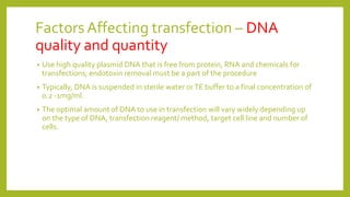 Factors Affecting transfection – DNA
quality and quantity
• Use high quality plasmid DNA that is free from protein, RNA and chemicals for
transfections; endotoxin removal must be a part of the procedure
• Typically, DNA is suspended in sterile water orTE buffer to a final concentration of
0.2 -1mg/ml.
• The optimal amount of DNA to use in transfection will vary widely depending up
on the type of DNA, transfection reagent/ method, target cell line and number of
cells.
 
