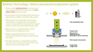 BiolisticTechnology- Helium powdered acceleration system
• DNA-coated gold particles (microcarrier)
are spread over the central area of a thin
plastic disk (macrocarrier).
• Disk loaded with the DNA-gold particles is
placed into a holder inside the He system.
• The system uses high-pressure helium,
released by a rupture disk, and partial
vacuum to propel the macrocarrier loaded
with microcarrier toward the target cells.
• Macrocarrier is stopped after a short
distance by a stopping screen.
• DNA-coated gold particles continue
travelling toward the target to penetrate
the cells.
• Sample chamber is subjected to partial
vacuum, from 15 to 29 inches of mercury,
depending on the target cells.
 