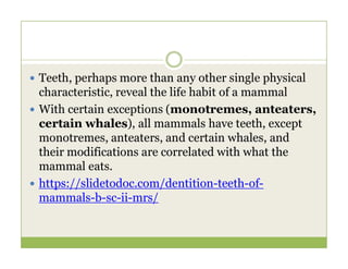  Teeth, perhaps more than any other single physical
characteristic, reveal the life habit of a mammal
 With certain exceptions (monotremes, anteaters,
certain whales), all mammals have teeth, except
monotremes, anteaters, and certain whales, and
monotremes, anteaters, and certain whales, and
their modifications are correlated with what the
mammal eats.
 https://slidetodoc.com/dentition-teeth-of-
mammals-b-sc-ii-mrs/
 