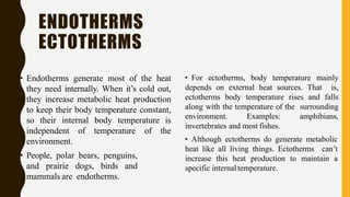 ENDOTHERMS
ECTOTHERMS
• Endotherms generate most of the heat
they need internally. When it’s cold out,
they increase metabolic heat production
to keep their body temperature constant,
so their internal body temperature is
independent of temperature of the
environment.
• People, polar bears, penguins,
and prairie dogs, birds and
mammals are endotherms.
• For ectotherms, body temperature mainly
depends on external heat sources. That is,
ectotherms body temperature rises and falls
along with the temperature of the surrounding
environment. Examples: amphibians,
invertebrates and most fishes.
• Although ectotherms do generate metabolic
heat like all living things. Ectotherms can’t
increase this heat production to maintain a
specific internaltemperature.
 