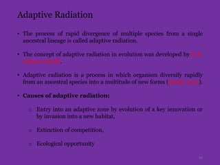 Adaptive Radiation
• The process of rapid divergence of multiple species from a single
ancestral lineage is called adaptive radiation.
• The concept of adaptive radiation in evolution was developed by H.F.
Osborn (1898).
• Adaptive radiation is a process in which organism diversify rapidly
from an ancestral species into a multitude of new forms (Smith, 1976).
• Causes of adaptive radiation:
o Entry into an adaptive zone by evolution of a key innovation or
by invasion into a new habitat,
o Extinction of competition,
o Ecological opportunity
21
 