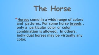 The Horse
*Horses come in a wide range of colors
and patterns. For some horse breeds ,
only a particular color or color
combination is allowed. In others,
individual horses may be virtually any
color.
 