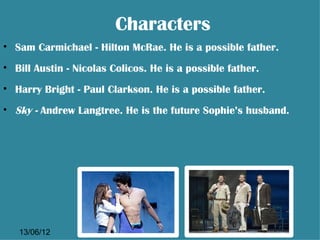 Characters
• Sam Carmichael - Hilton McRae. He is a possible father.
• Bill Austin - Nicolas Colicos. He is a possible father.
• Harry Bright - Paul Clarkson. He is a possible father.
• Sky - Andrew Langtree. He is the future Sophie’s husband.




   13/06/12
 