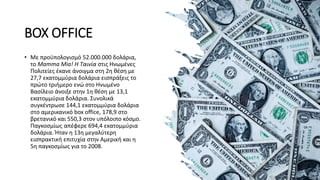 BOX OFFICE
• Με προϋπολογισμό 52.000.000 δολάρια,
το Mamma Mia! Η Ταινία στις Ηνωμένες
Πολιτείες έκανε άνοιγμα στη 2η θέση με
27,7 εκατομμύρια δολάρια εισπράξεις το
πρώτο τριήμερο ενώ στο Ηνωμένο
Βασίλειο άνοιξε στην 1η θέση με 13,1
εκατομμύρια δολάρια. Συνολικά
συγκέντρωσε 144,1 εκατομμύρια δολάρια
στo αμερικανικό box office, 178,9 στο
βρετανικό και 550,3 στον υπόλοιπο κόσμο.
Παγκοσμίως απέφερε 694,4 εκατομμύρια
δολάρια. Ήταν η 13η μεγαλύτερη
εισπρακτική επιτυχία στην Αμερική και η
5η παγκοσμίως για το 2008.
 