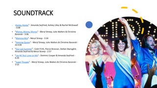 SOUNDTRACK
• "Honey, Honey" - Amanda Seyfried, Ashley Lilley & Rachel McDowall
- 3:08
• "Money, Money, Money" - Meryl Streep, Julie Walters & Christine
Baranski - 3:06
• "Mamma Mia" - Meryl Streep - 3:34
• "Dancing Queen" - Meryl Streep, Julie Walters & Christine Baranski -
zb 4:04
• "Our Last Summer" - Colin Firth, Pierce Brosnan, Stellan Skarsgård,
Amanda Seyfried & Meryl Streep - 2:57
• "Lay All Your Love on Me" - Dominic Cooper & Amanda Seyfried -
4:29
• "Super Trouper" - Meryl Streep, Julie Walters & Christine Baranski -
3:53
 