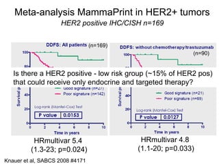 Meta-analysis MammaPrint in HER2+ tumors
                    HER2 positive IHC/CISH n=169

                                 (n=169)
                                                           (n=90)


   Is there a HER2 positive - low risk group (~15% of HER2 pos)
   that could receive only endocrine and targeted therapy?




          HRmultivar 5.4                    HRmultivar 4.8
         (1.3-23; p=0.024)                 (1.1-20; p=0.033)
Knauer et al, SABCS 2008 #4171
 