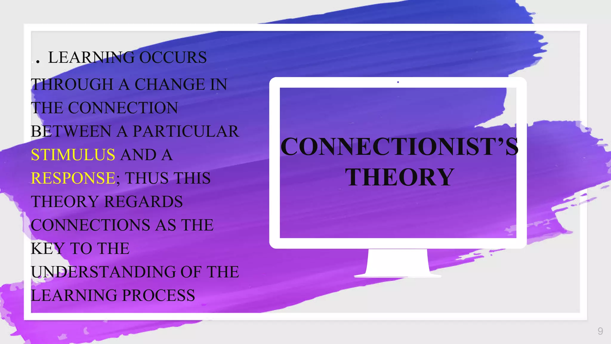 CONNECTIONIST’S
THEORY
9
.. LEARNING OCCURS
THROUGH A CHANGE IN
THE CONNECTION
BETWEEN A PARTICULAR
STIMULUS AND A
RESPONSE; THUS THIS
THEORY REGARDS
CONNECTIONS AS THE
KEY TO THE
UNDERSTANDING OF THE
LEARNING PROCESS
 