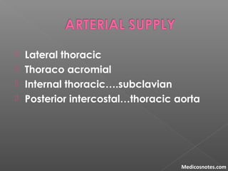  Lateral thoracic
 Thoraco acromial
 Internal thoracic….subclavian
 Posterior intercostal…thoracic aorta
Medicosnotes.com
 