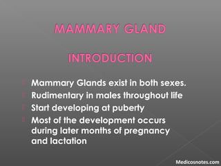  Mammary Glands exist in both sexes.
 Rudimentary in males throughout life
 Start developing at puberty
 Most of the development occurs
during later months of pregnancy
and lactation
Medicosnotes.com
 