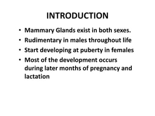 INTRODUCTION
• Mammary Glands exist in both sexes.
• Rudimentary in males throughout life
• Start developing at puberty in females
• Most of the development occurs
during later months of pregnancy and
lactation
 