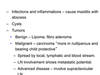23
– Infections and inflammations – cause mastitis with
abscess
– Cysts
– Tumors
• Benign – Lipoma, fibro adenoma
• Malignant – carcinoma “more in nulliparous and
bearing child protective”
– Spread by local, lymphatic and blood stream.
– LN involvement shows metastatic potential.
– Advanced disease – involve supraclavicular
 