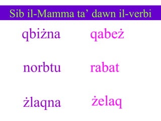 Sib il-Mamma ta’ dawn il-verbi qbi ż na qabe ż norbtu rabat ż laqna ż elaq 