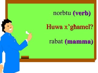 norbtu  (verb) Huwa x’g ħ amel? rabat  (mamma) 