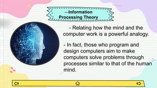 —Information
Processing Theory
- Relating how the mind and the
computer work is a powerful analogy.
- In fact, those who program and
design computers aim to make
computers solve problems through
processes similar to that of the human
mind.
 